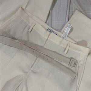 Zara Cream Tailored High-Waist Trousers with Belt Detail